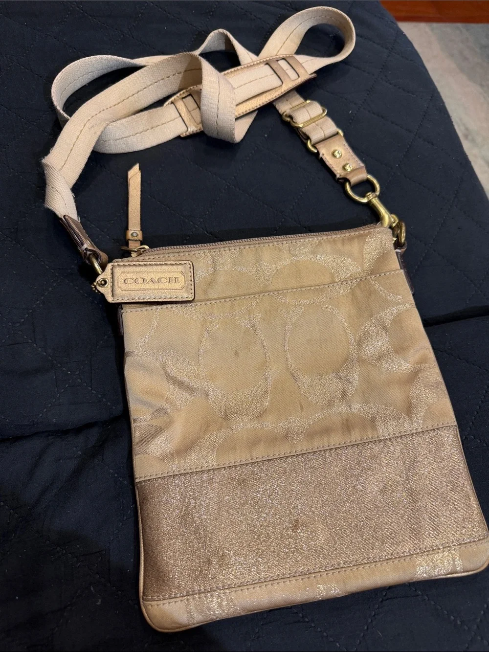 Coach Tan Signature Crossbody Bag with Glitter Accent